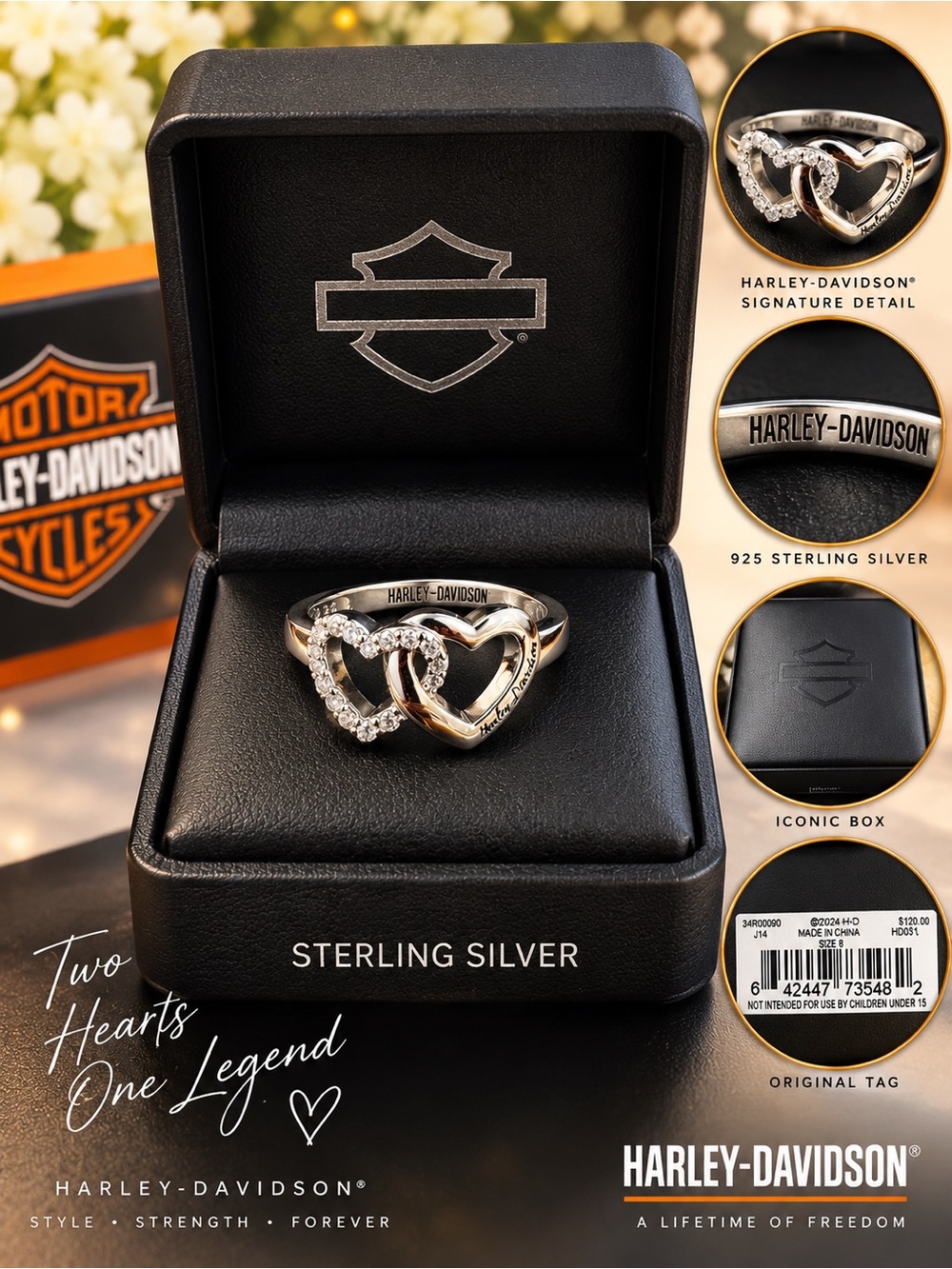 Harley-Davidson Sterling Silver Interlocking Hearts Ring with Clear Stones